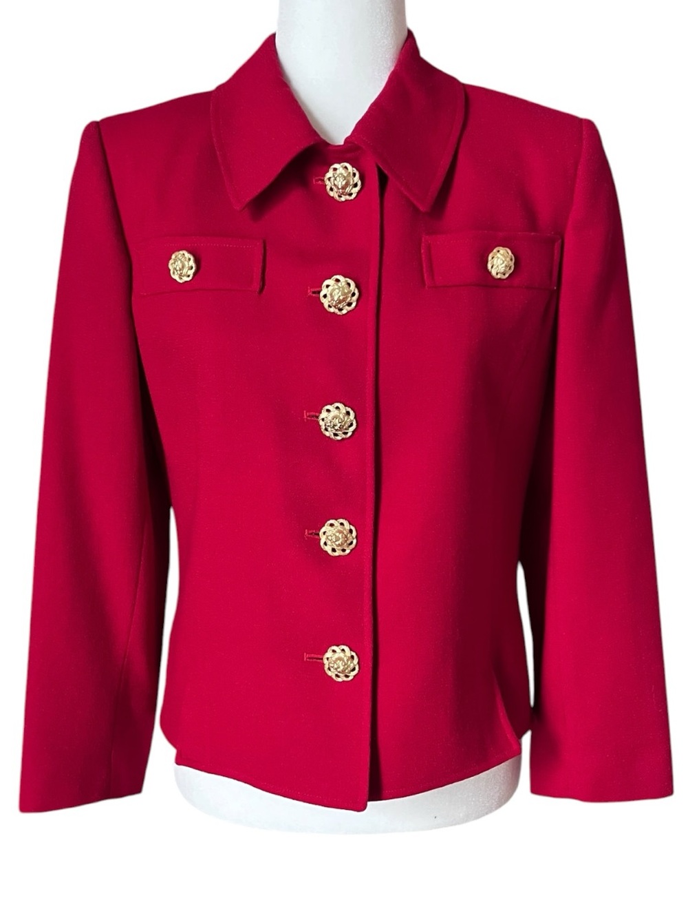 Vintage 90s Herbert Grossman Red Blazer Gold Lion Button Tailored Jacket Size 8
